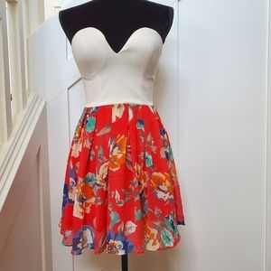 Sweetheart neckline floral mini fit and flare